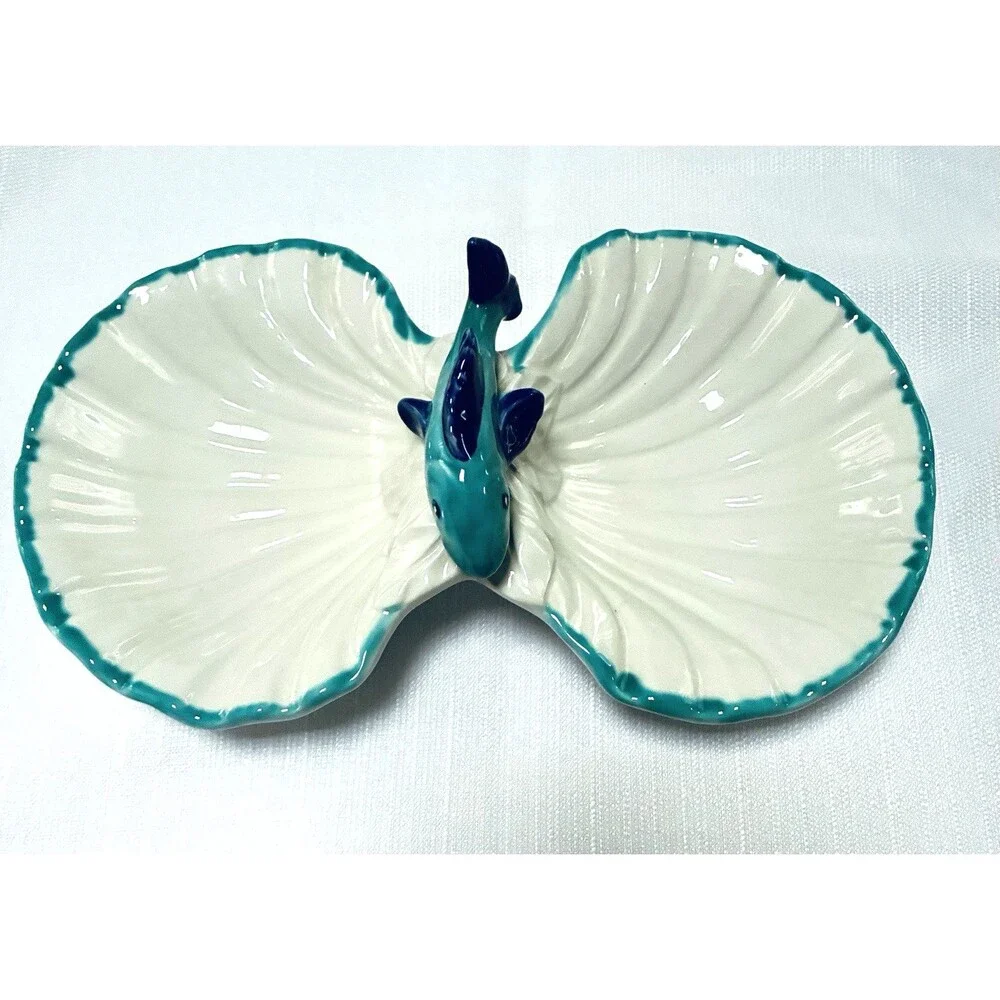 Vietri Scalloped Seashell Fish Double Bowl White Turquoise Made In Italy 9370/26